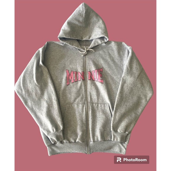 Minnie Mouse Hooded Fleece Zip Jacket Women’s Size Large Pockets Gray Retro - Picture 2 of 9